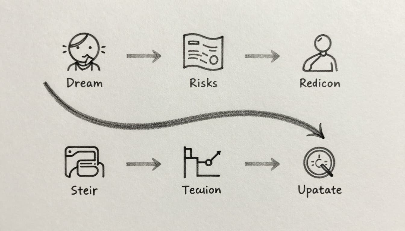 Hand-drawn graphite sketch on light gray paper showing a winding path through five sequential steps: dream result, risks, line drawing, testing, and updating, using simple icons only.
