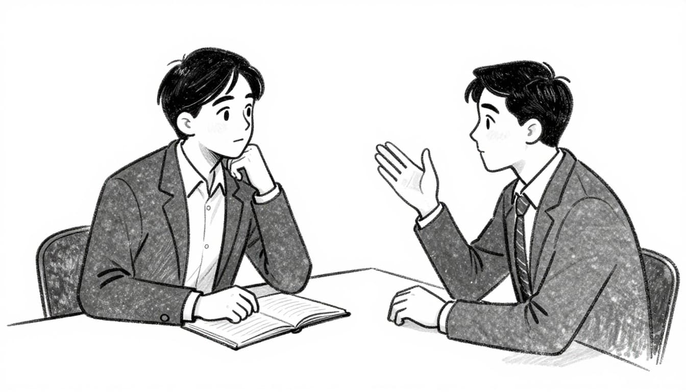 Hand-drawn monochrome sketch of two professionals in business casual across a conference table: one gesturing naturally while speaking, the other listening intently, nodding with head tilted, maintaining eye contact, hands relaxed beside an open notebook in a simple meeting room.