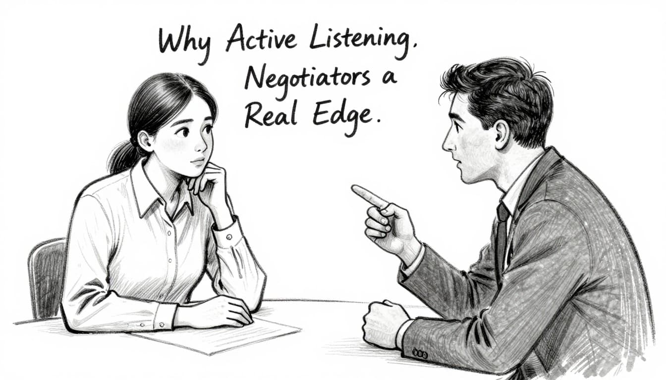 Hand-drawn graphite sketch of two professionals at a negotiation table, one leaning forward attentively listening while the other speaks, simple office setting on white background.