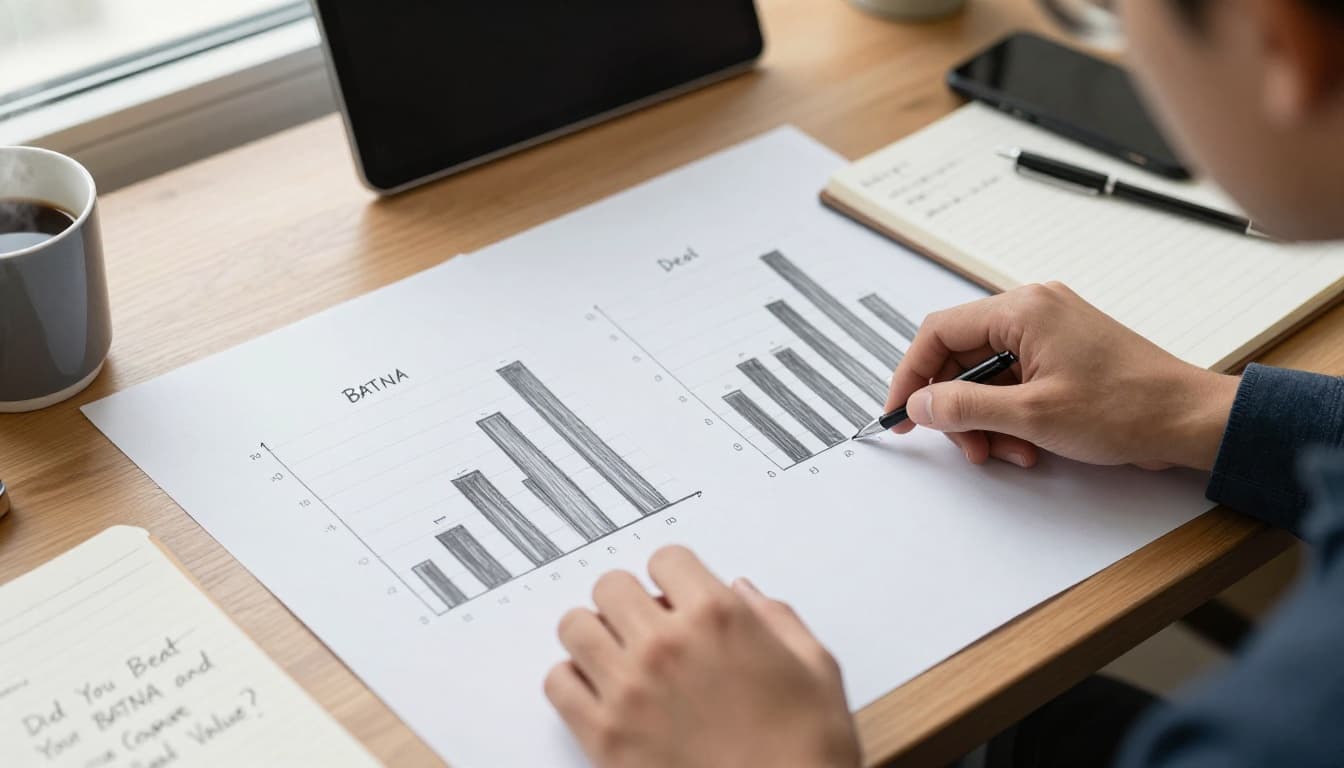 Hand-drawn graphite sketch of one person at a wooden desk comparing a BATNA baseline bar chart with shorter bars to a negotiation deal chart with taller bars, notebook nearby, steaming coffee mug, soft office light.