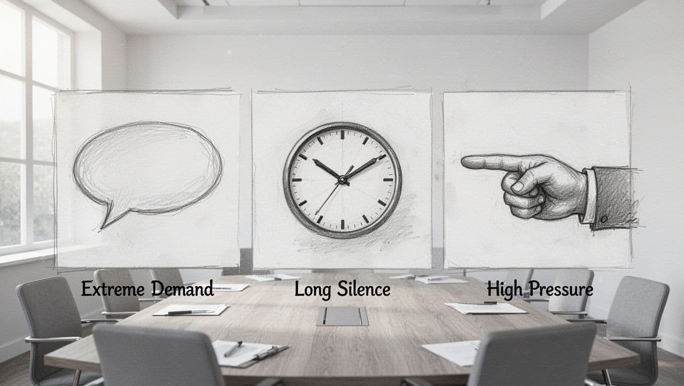 Hand-drawn graphite sketch on white paper illustrating signs of bully tactics: split panels showing extreme demand speech bubble empty, long silence with clock, high pressure finger point, all in simple meeting room, light shading, clean lines, no text, no people visible just symbolic icons, white background.