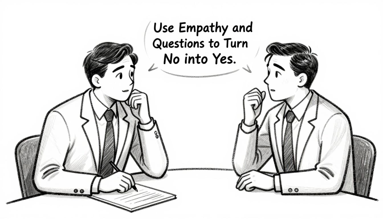 Two business professionals negotiate across a conference table, one leaning forward with an empathetic gesture while the other nods thoughtfully in mirroring response. Hand-drawn graphite sketch with light shading on a clean white background, focusing on faces and natural hand gestures.