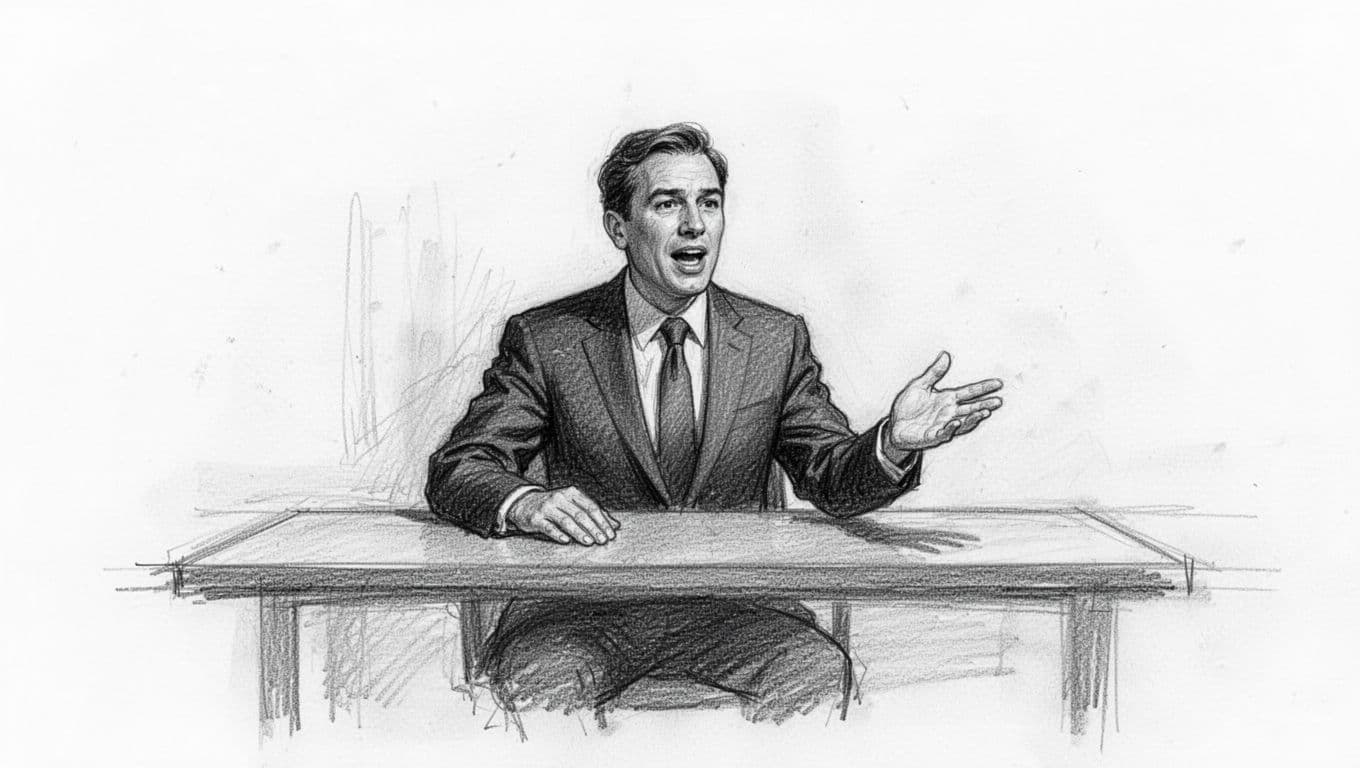 Hand-drawn graphite sketch with light shading on a clean white background, showing one person in business attire at a negotiation table using an open hand gesture and passionate yet respectful facial expression to openly convey emotions.