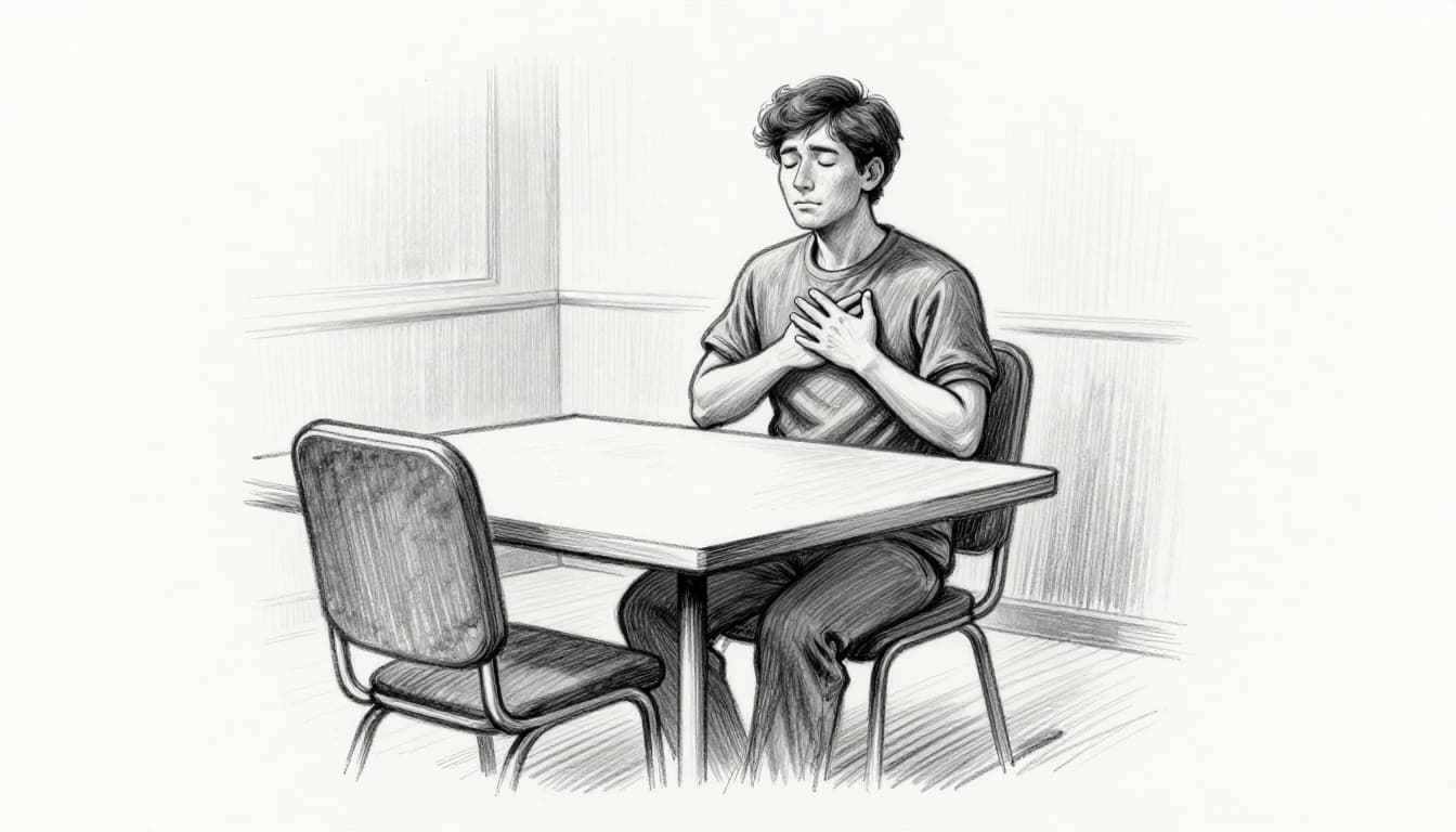 Hand-drawn sketch of a person in a meeting room taking a deep breath, hand on chest, eyes closed calmly, with an empty chair across the table on a light gray background.