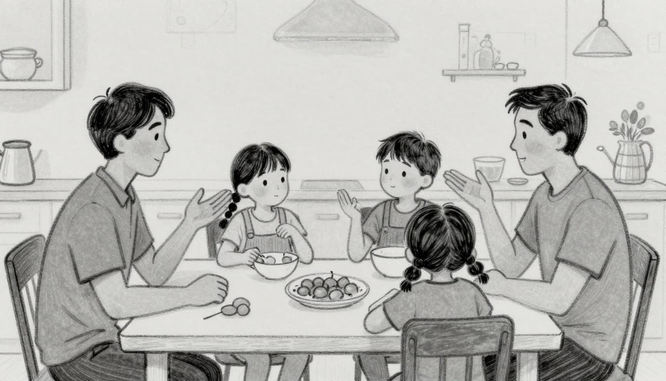 Hand-drawn sketch of a small family of four—two parents and two kids—sitting relaxed around the kitchen table, gesturing calmly with open postures during a discussion on chores. Graphite linework with light shading on a clean light gray paper background in a warm home setting.