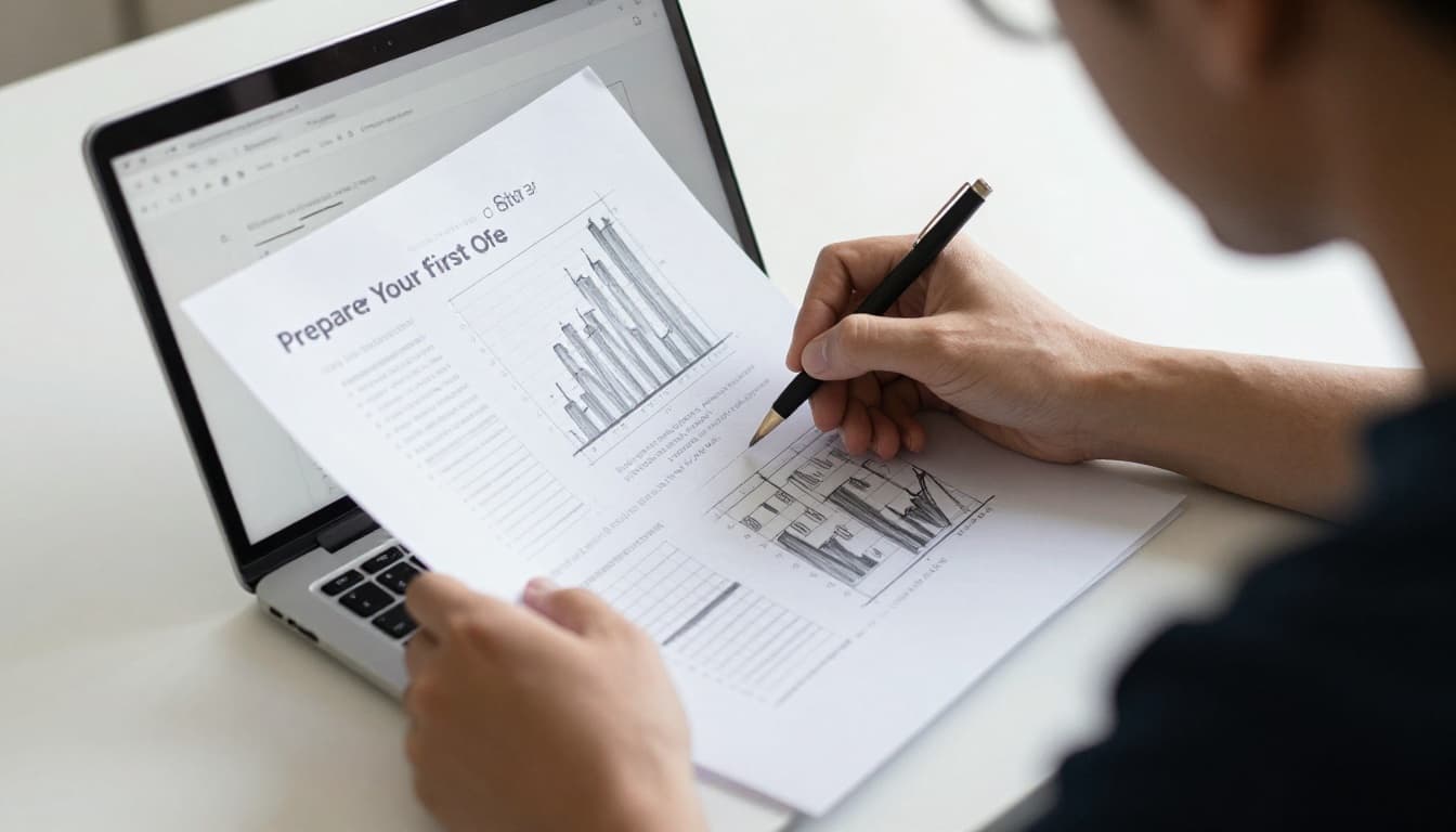Hand-drawn sketch of a person intently researching market data on a laptop and charts at a desk, with graphite linework, light shading, and clean white background.