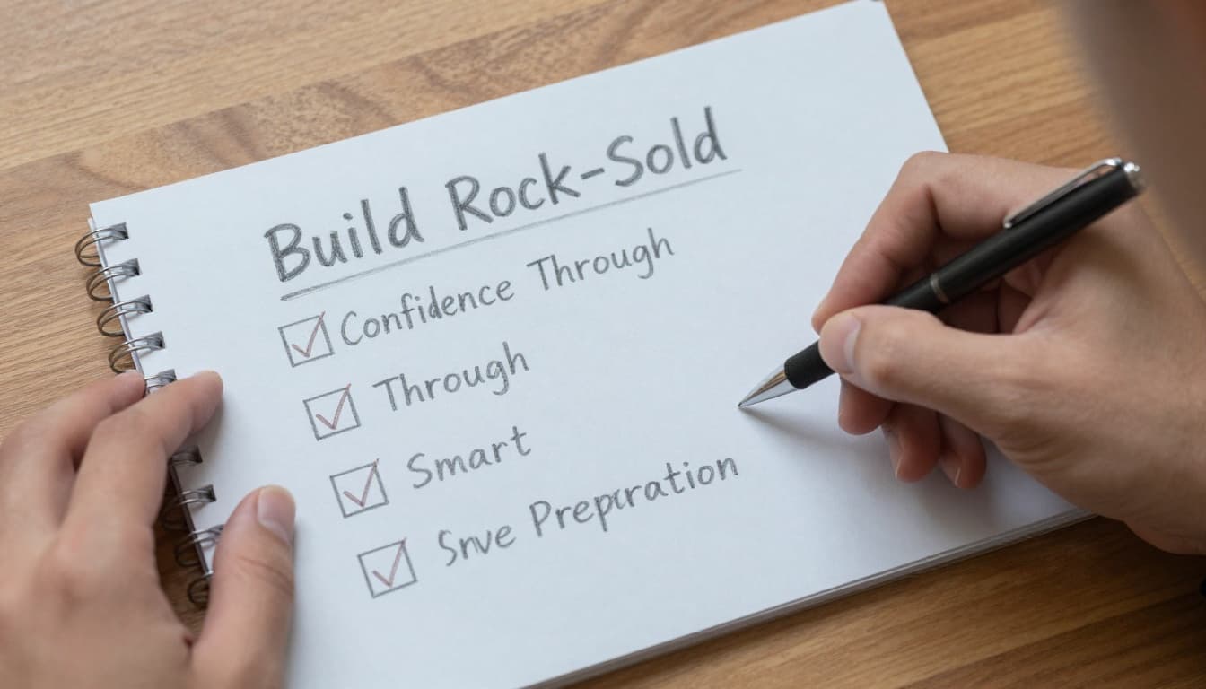 Hand-drawn sketch of a person at a wooden desk with notebook, pen, and checklist, intently reviewing negotiation scenarios with a focused expression to illustrate preparation reducing anxiety.