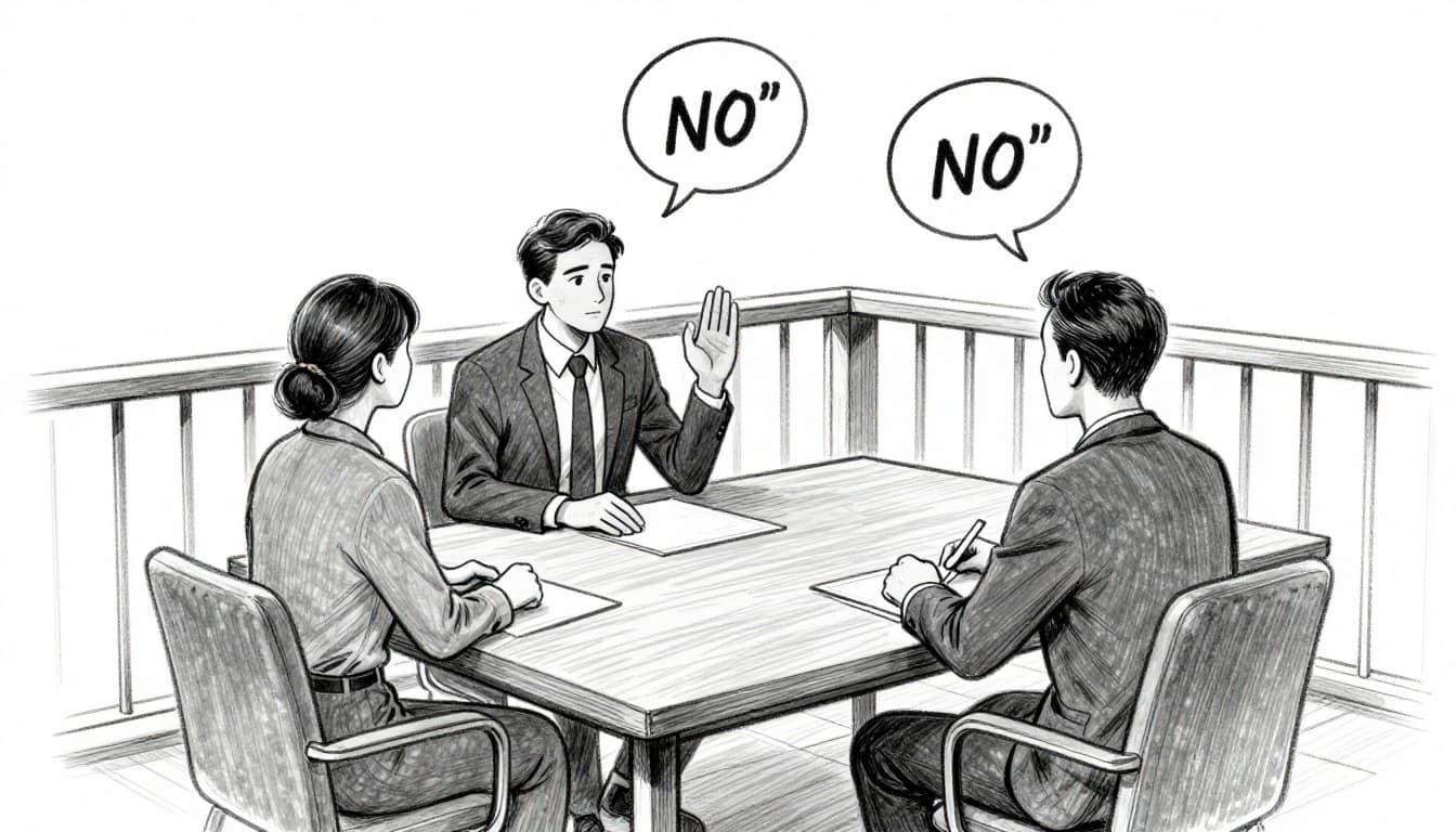 A business professional sits at a wooden negotiation table in a modern office, facing a 'no' gesture from the counterpart with crossed arms, then mentally steps onto a balcony railing above to view the scene calmly from a higher perspective. Hand-drawn sketch with graphite linework, light shading, on clean light gray paper background; exactly two people, simple composition.
