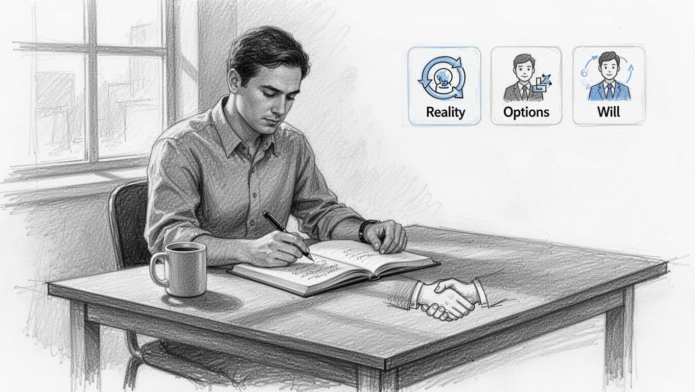Hand-drawn graphite sketch of a person at a wooden desk reviewing post-negotiation notes in a notebook featuring GROW model steps as simple icons: target for Goal, checklist for Reality, lightbulb cluster for Options, and calendar with arrow for Will.