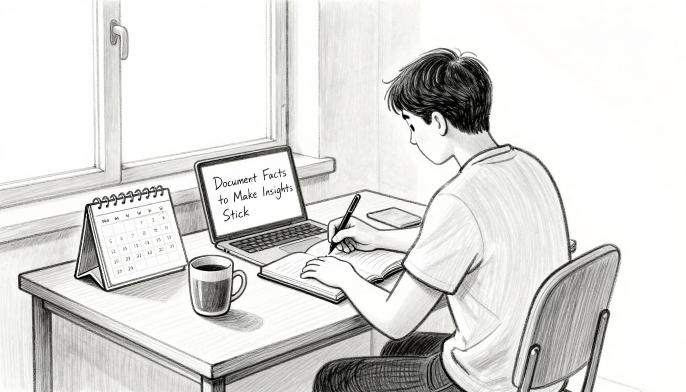 Hand-drawn graphite sketch of a single person relaxed at a home office desk, writing quick notes in a notebook immediately after a meeting, with coffee mug, closed laptop, and calendar nearby.