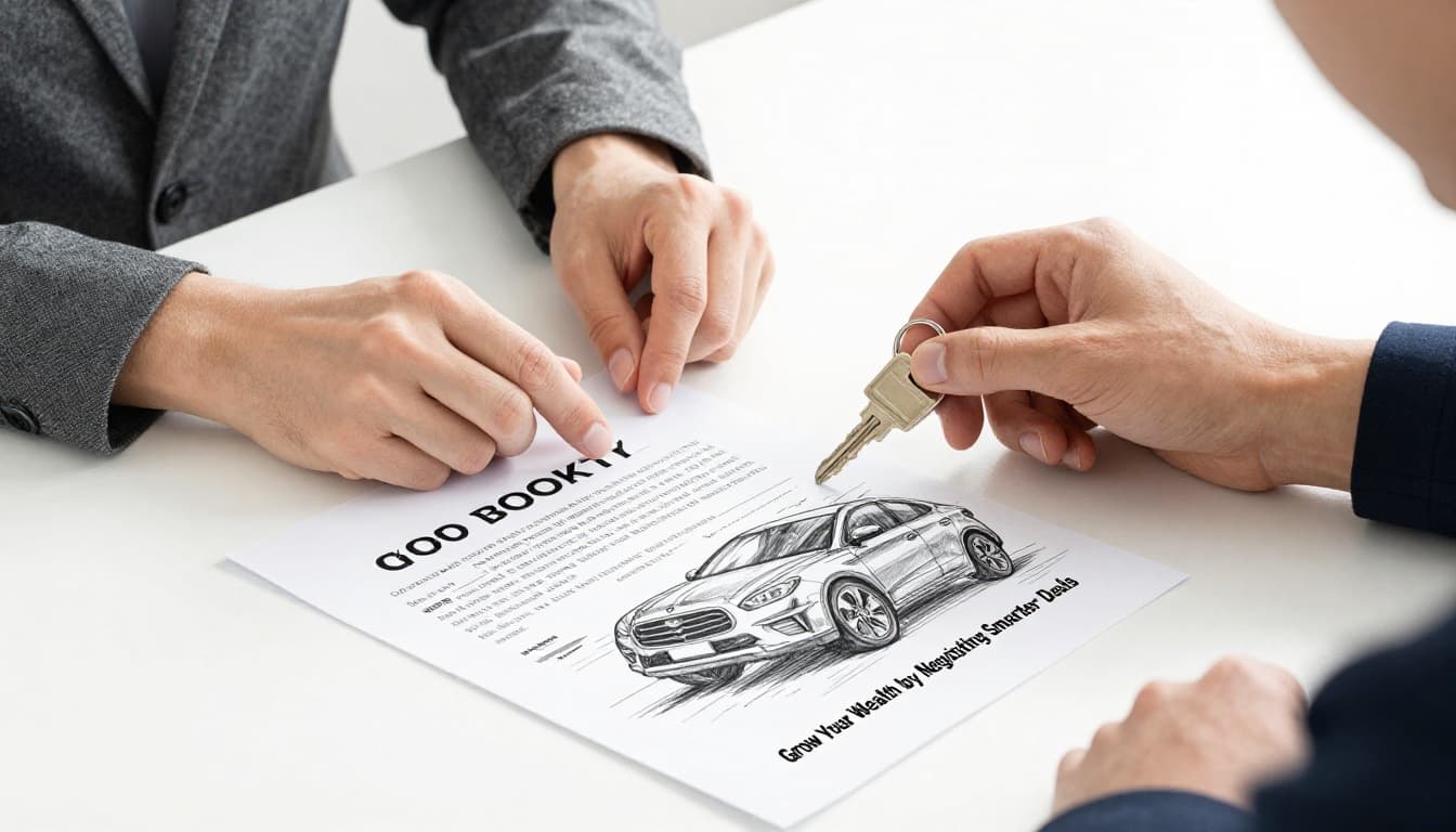 Hand-drawn graphite sketch of buyer and seller shaking hands over contract at car dealership counter, smiling with keys nearby, light shading on white background.