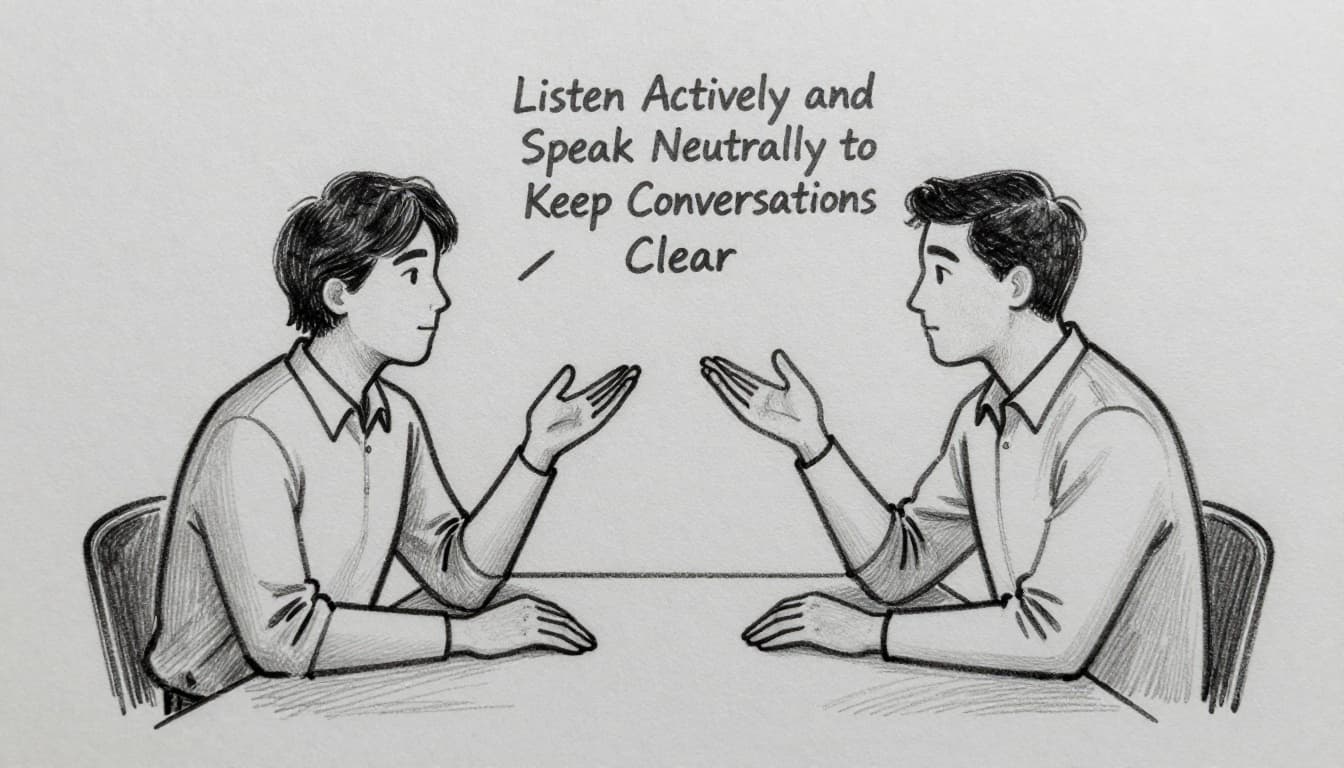 Hand-drawn sketch of two people at a negotiation table: one listens attentively with a neutral expression while the other gestures, featuring graphite linework, light shading, and a clean light gray background.