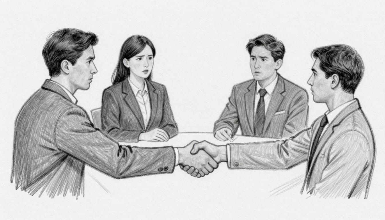 Split hand-drawn sketch showing tense office argument evolving into agreement handshake, with two people per side on light gray paper background.