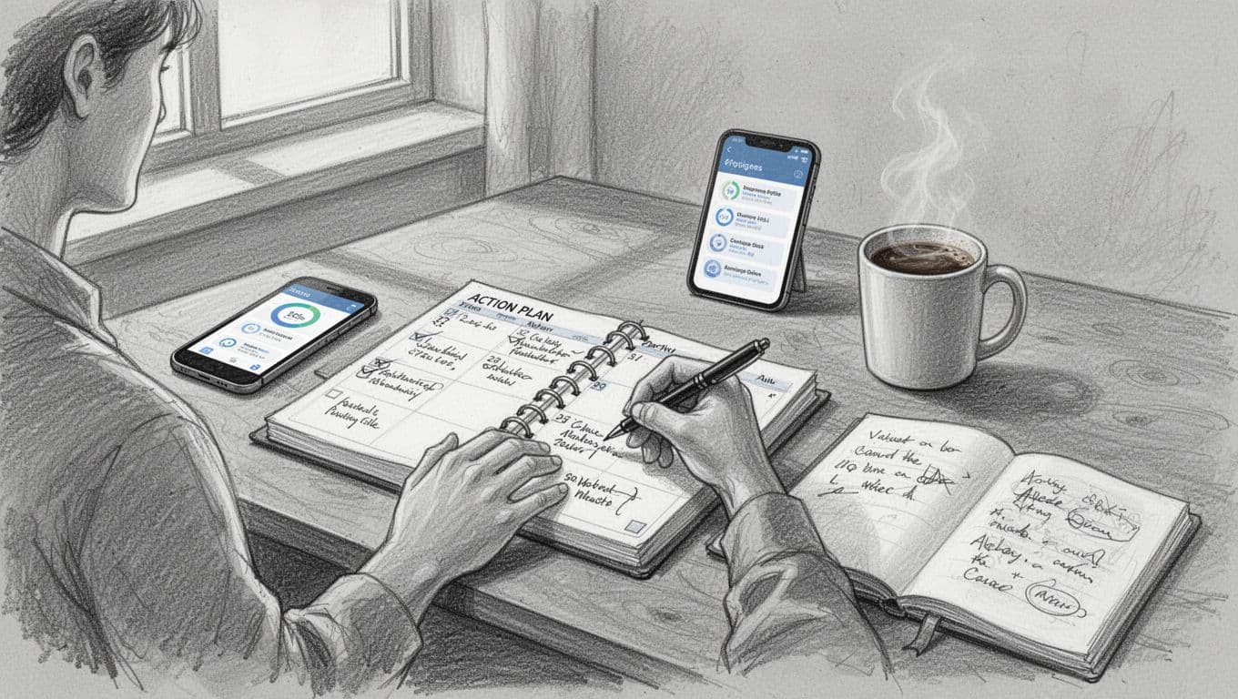 Graphite sketch of one person at a wooden home office desk transforming post-negotiation notebook notes into a planner action plan with checkboxes and dates, smartphone progress tracker nearby, steaming coffee mug, soft lighting.