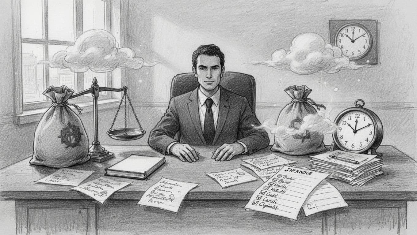Hand-drawn graphite sketch of a single negotiator at a wooden desk in a quiet office, encircled by symbols of post-negotiation mistakes including an empty notebook, oversized money bag, foggy notes, overloaded checklist, and backward clock.