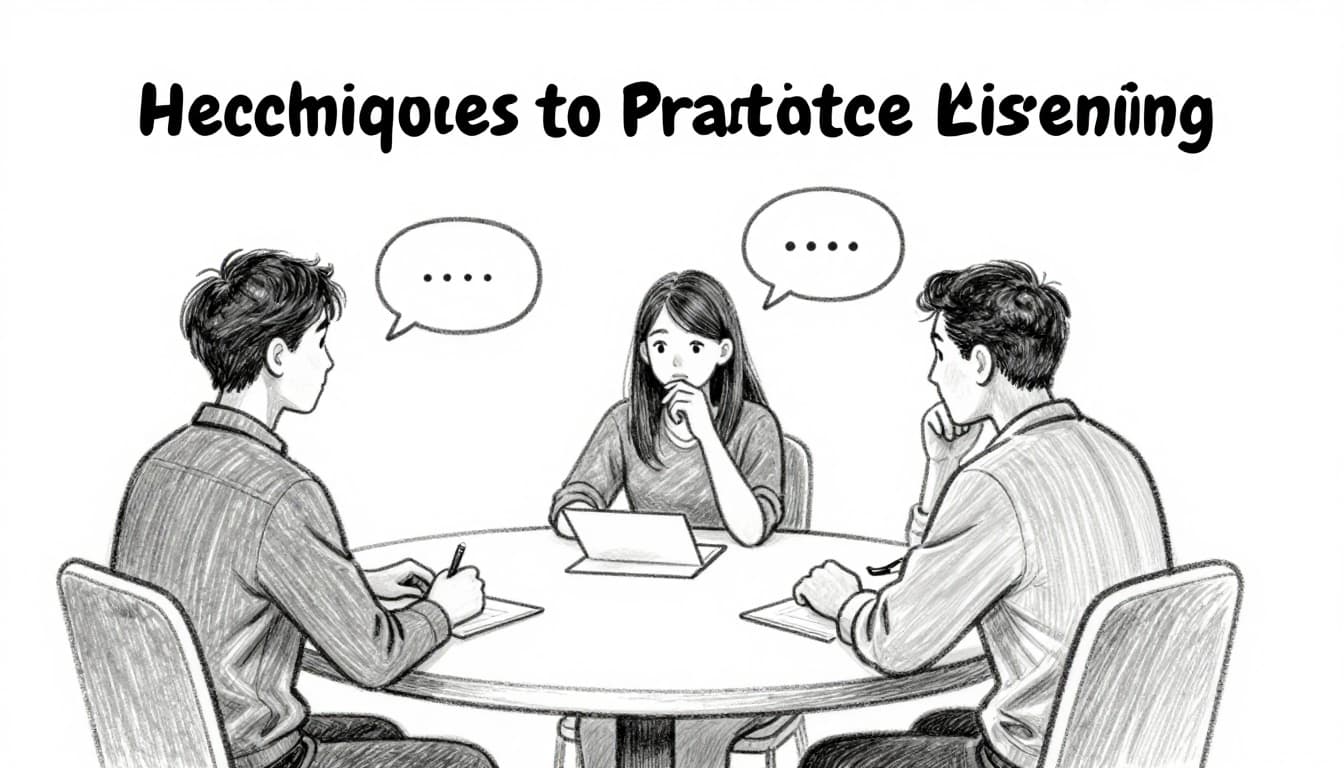 A hand-drawn sketch of a single person at a negotiation table with a thoughtful expression and a paused speech bubble, illustrating the embracing silence technique for active listening.
