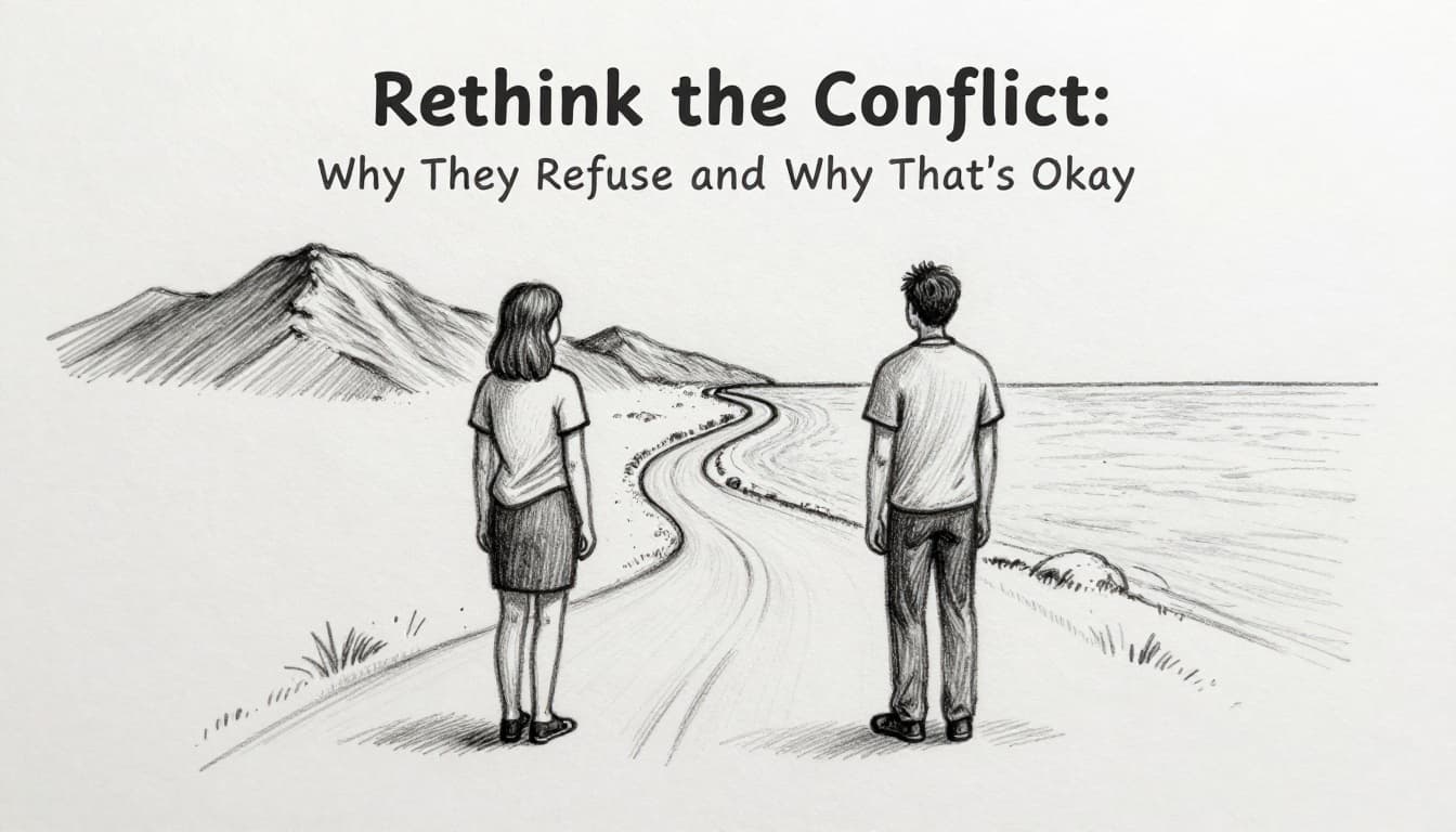 Hand-drawn graphite sketch of two adults on a winding path facing opposite directions, one toward mountains and one toward ocean, symbolizing differing viewpoints in conflict with light shading on white background.