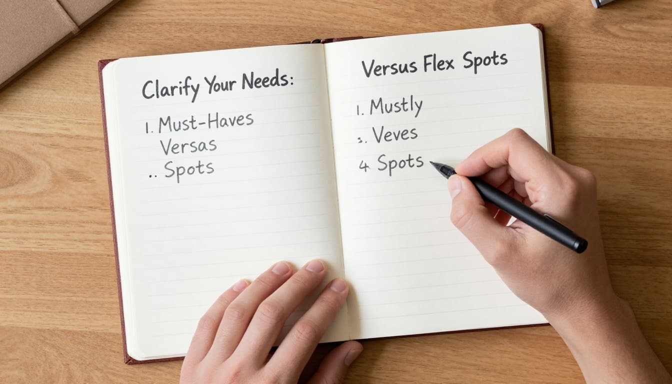 Hand-drawn graphite sketch of a relaxed person at a wooden desk writing in an open notebook with two mental columns for must-haves and flex spots. Simple room setting features light shading, clean white paper background, one person, two hands, one notebook, one pen, no text or additional objects.