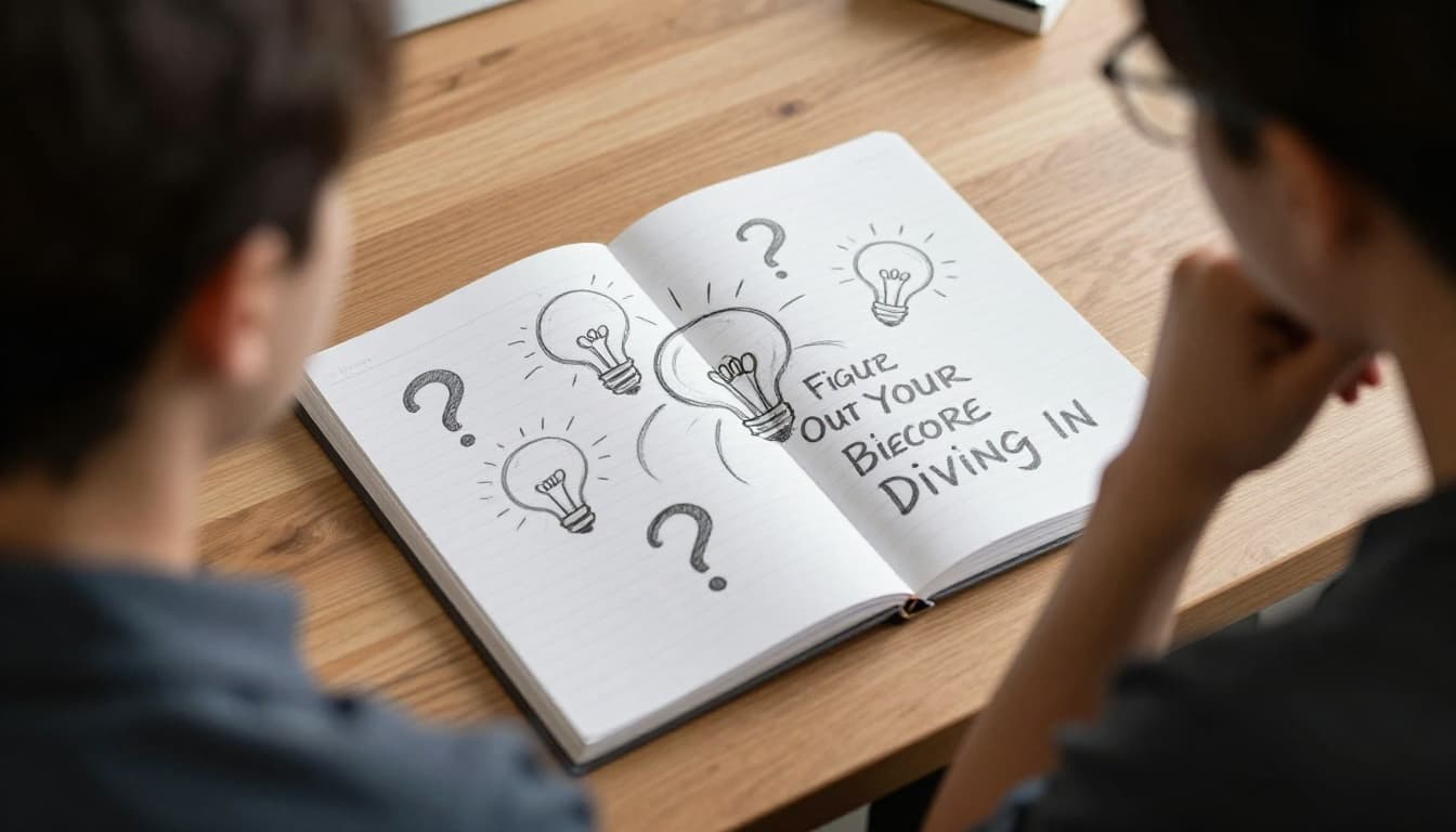 A hand-drawn graphite sketch of a single person sitting at a wooden desk in a quiet office, chin on hand in contemplation, with an open notebook featuring sketched question marks and lightbulbs, light shading, and soft natural lighting on a clean white background.