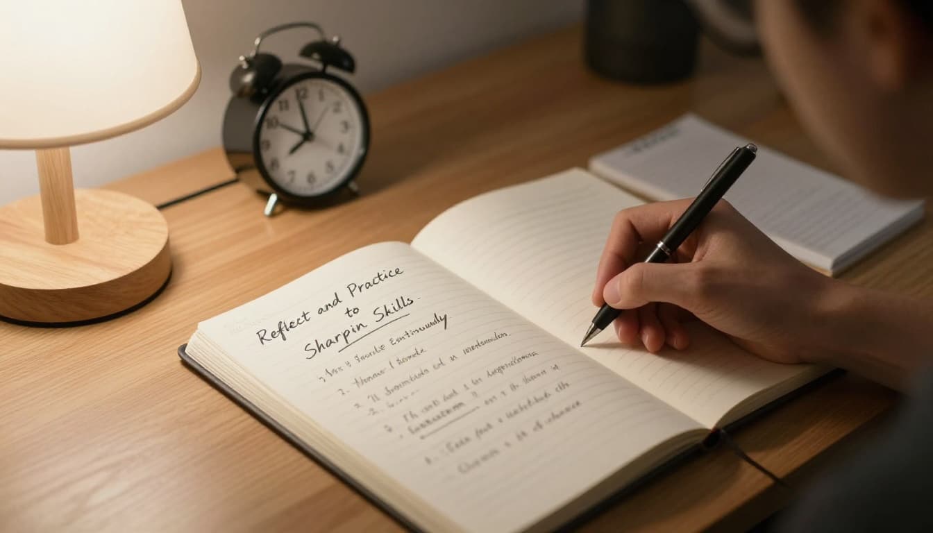 Hand-drawn monochrome sketch of a solitary person in a cozy home office, thoughtfully writing post-meeting notes in an open journal under lamp light with an evening clock.