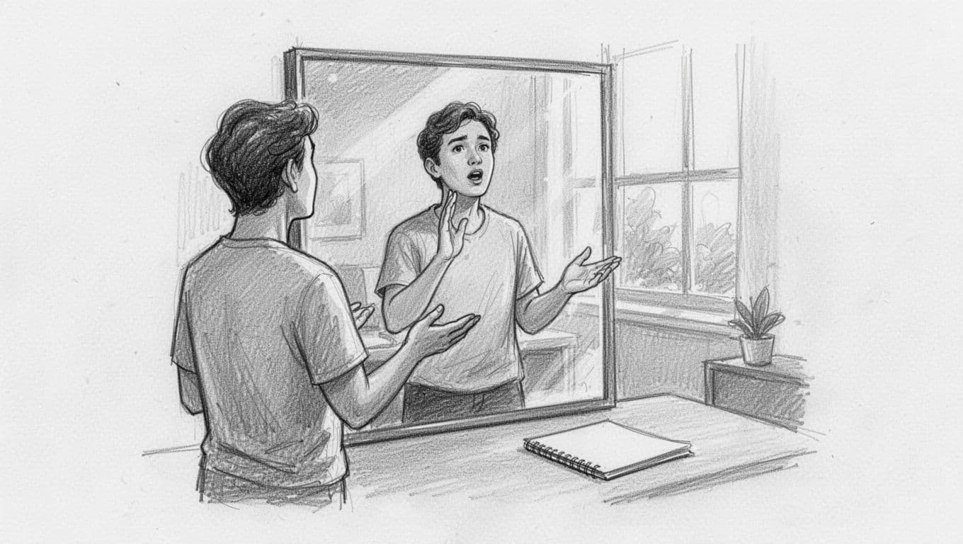 Hand-drawn graphite sketch of a person thoughtfully pausing while practicing speech in front of a mirror in a home office, notepad with I statements nearby.