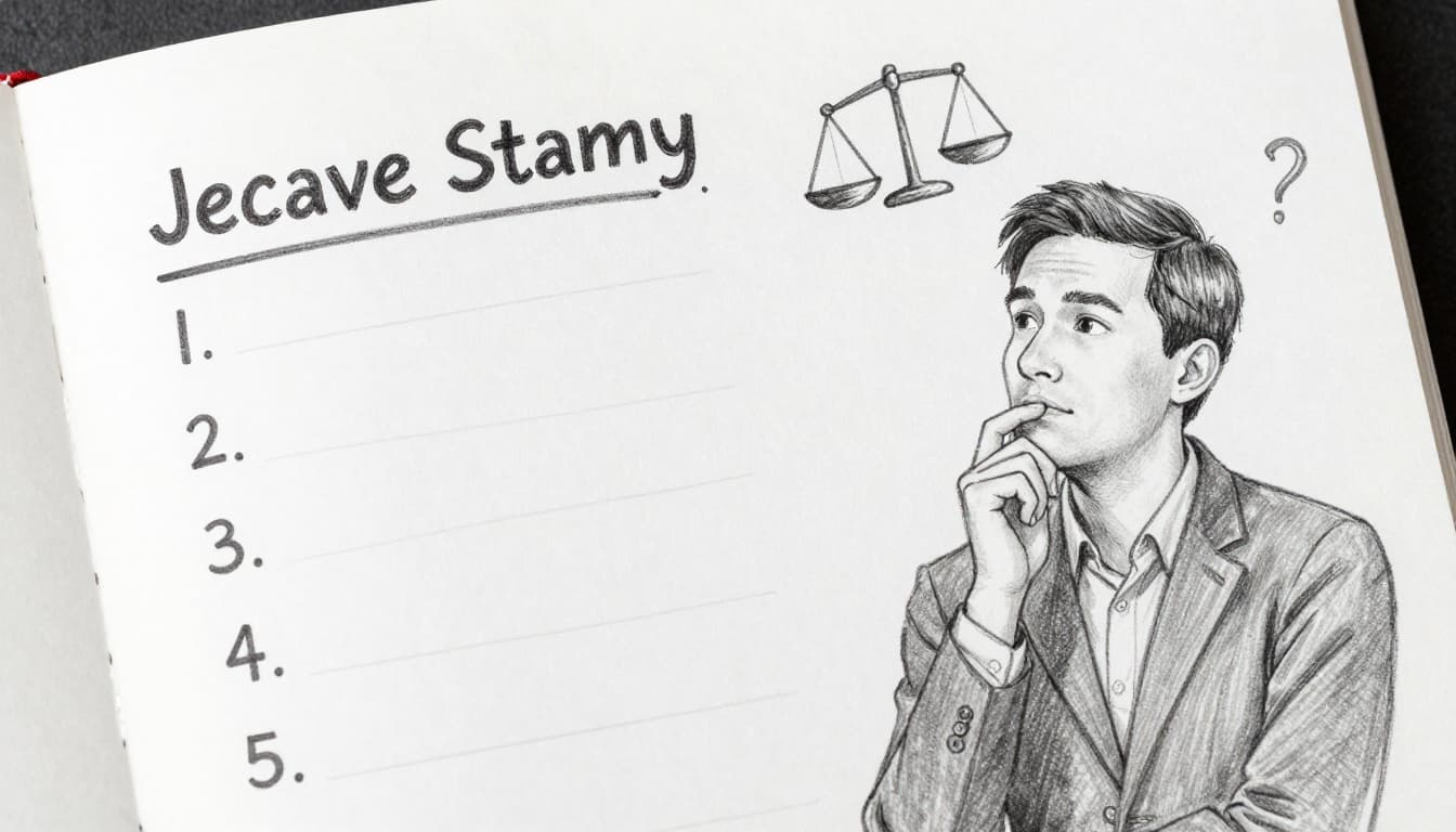 Hand-drawn sketch of a single professional at a cluttered office desk, thoughtfully reviewing a notepad list of reasons to stay versus leave their job, with subtle question mark and balance scale symbols nearby.