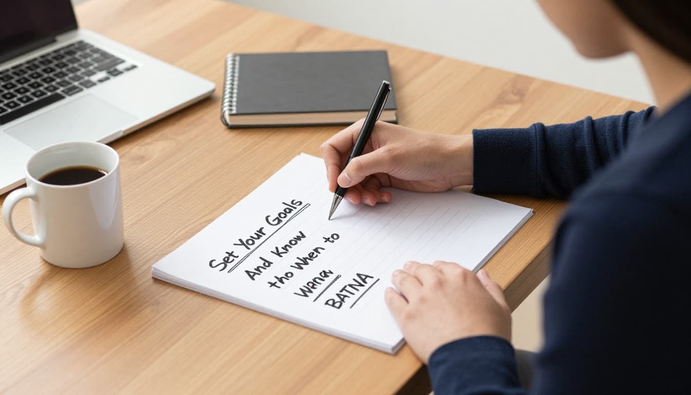 A focused professional in a quiet home office writes specific negotiation goals including ideal outcome and BATNA on a notepad with pen in hand, notebook nearby, coffee mug beside. Hand-drawn graphite sketch with light shading on clean white background.
