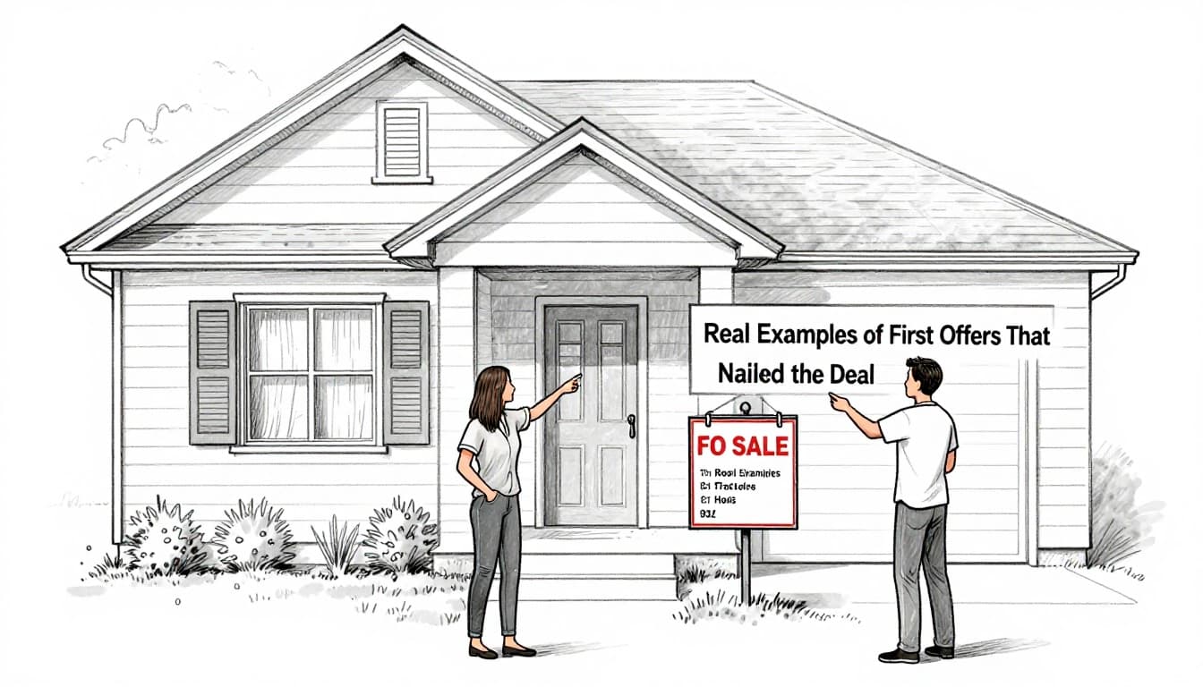 Hand-drawn graphite sketch of a house exterior featuring a for sale sign, with a real estate agent pointing out key features like location and upgrades to a buyer in a relaxed street setting, light shading on clean white background.