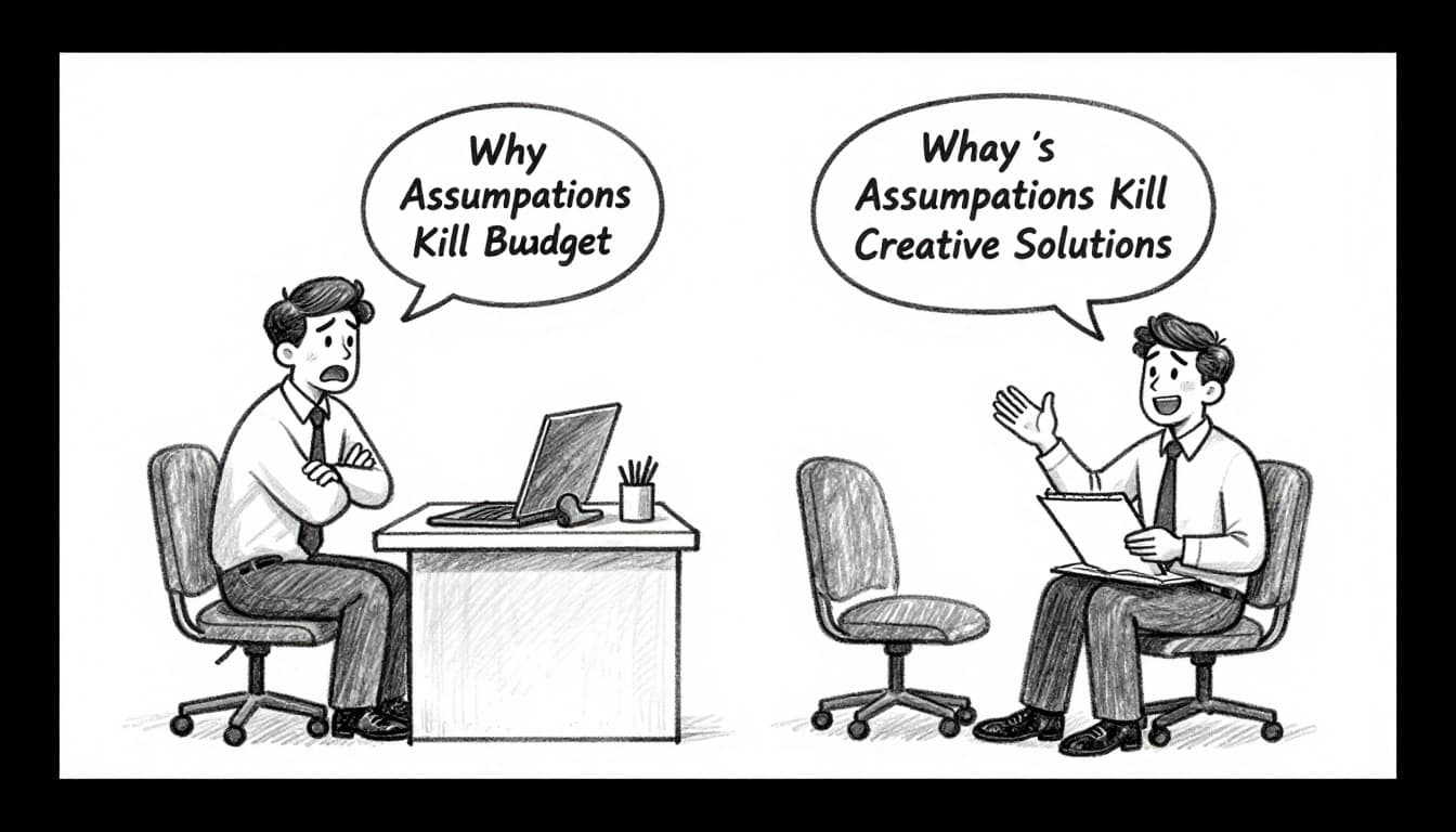 Hand-drawn graphite sketch on white paper showing a split scene: left side frustrated salesperson pitching low-price to unhappy client ignoring budget, right side happy salesperson attentively listening with notepad to excited client in simple office.