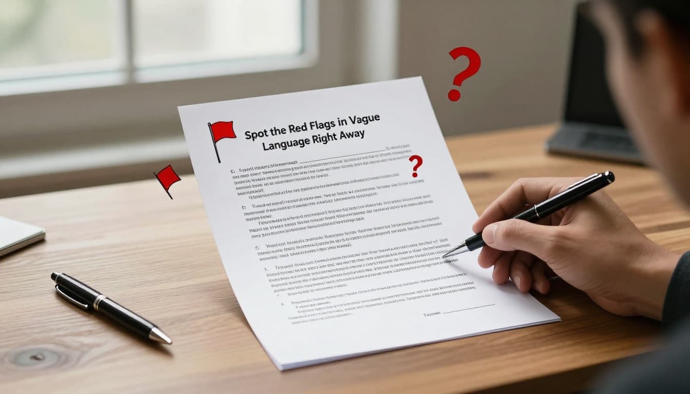 Hand-drawn sketch of a single business contract document on a wooden desk, with red flag icons and question marks hovering over vague phrases, a simple pen nearby, and a softly lit office window in the background.