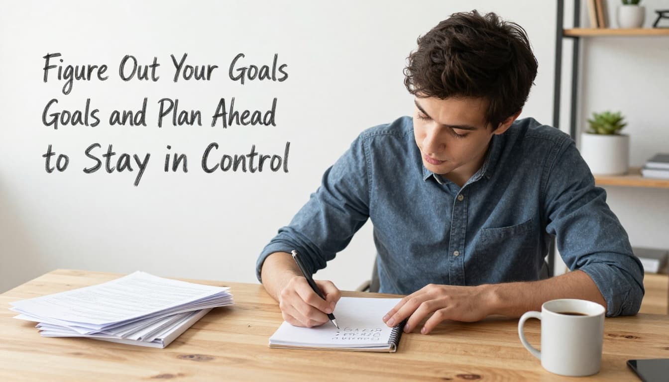A young adult sits relaxed and focused at a wooden desk in a cozy home office, writing clear goals and bullet points on a notepad with pen in hand, with scattered research papers and a coffee mug nearby. Hand-drawn graphite sketch style featuring linework, light shading, and a clean very light gray paper background.